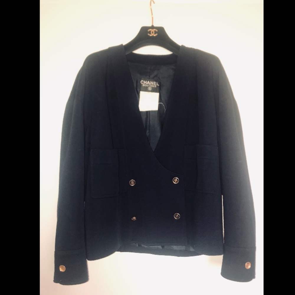 Chanel navy wool cocoon jacket with CC buttons